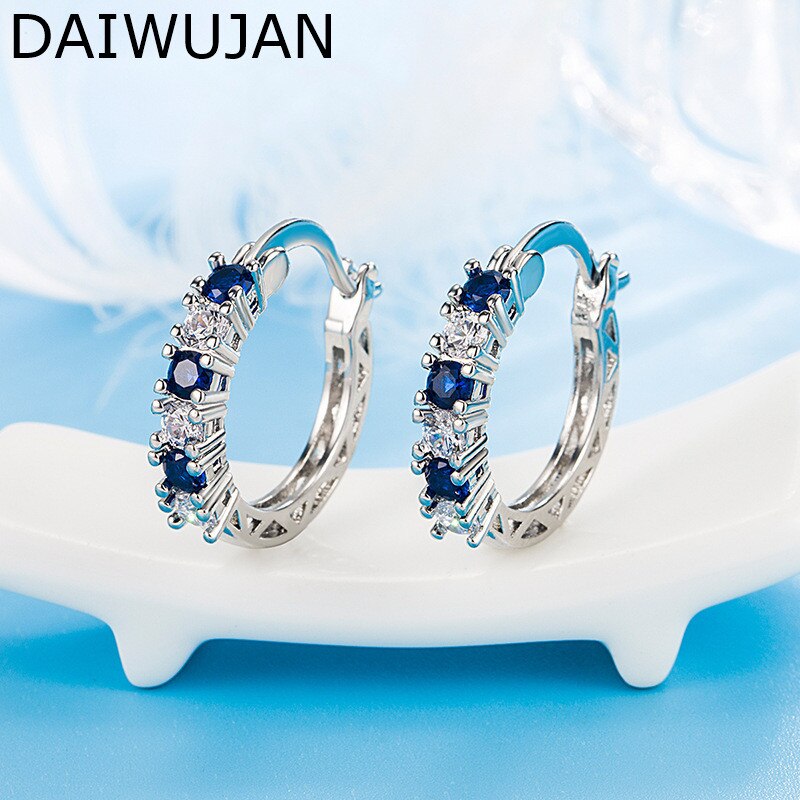 DAIWUJAN Neue 925 Sterling Silber Bunte Zirkon Band Ohrringe Für Frauen Mädchen Klassische Saphir Kreis Ohrring Knorpel Schmuck