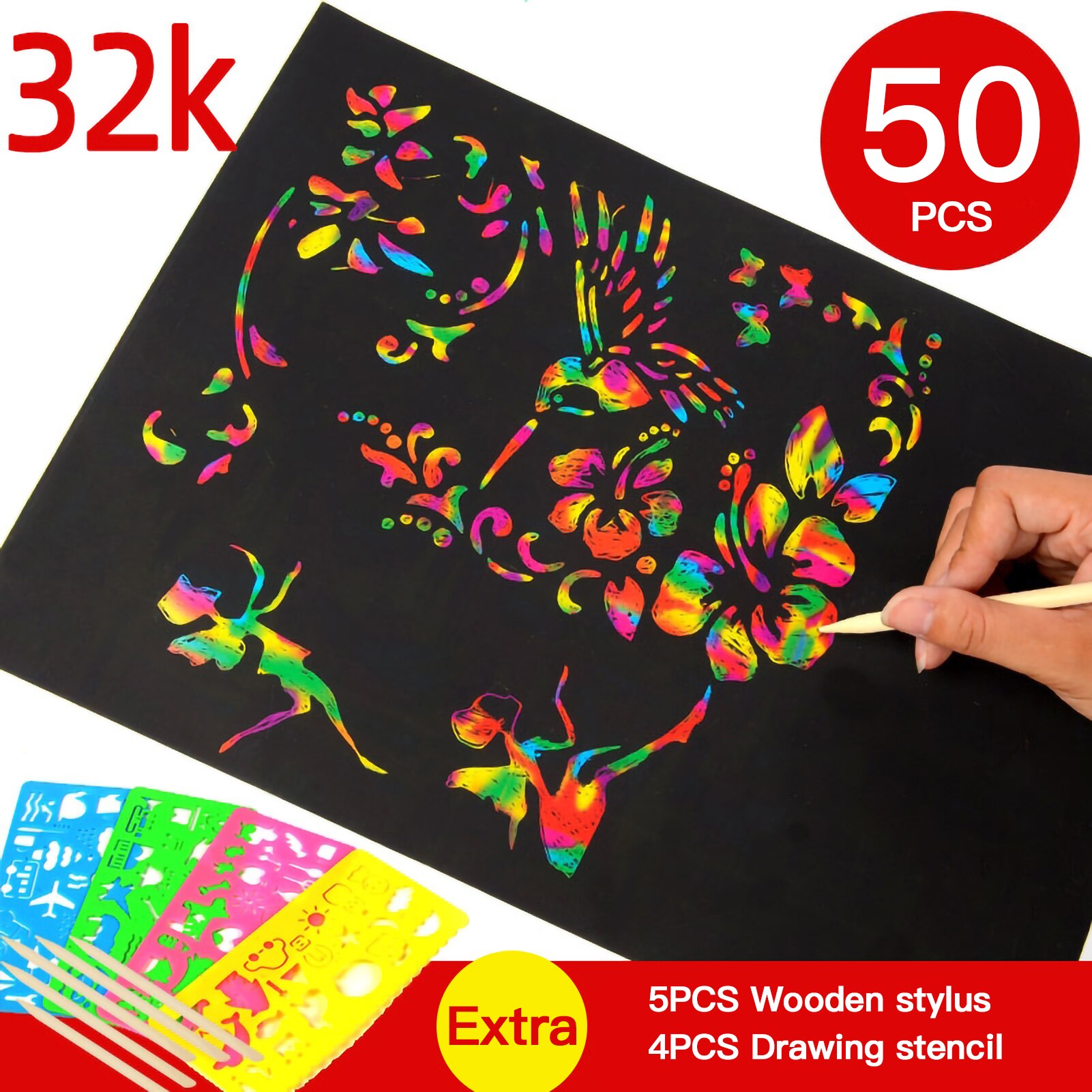 Scratch Papier Artset Rainbow Magic Scratch Papier 50 Stuks Zwarte Kras Het Off Ambachten Kits Boards 5 Houten Stylus 4 tekening Stencils