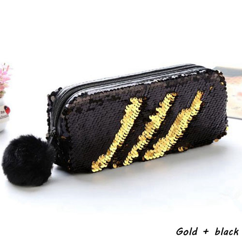 Estuche para lápices con lentejuelas para niñas, material escolar, estuche para lápices con bolas de pelo, caja de lápices Estuche para escolar: Black plus Gold