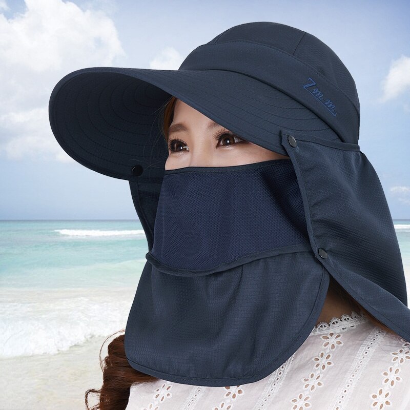 Sun hat female summer face protection sun hat cover face anti-ultraviolet sun hat big edge cycling face protection neck cap: Black