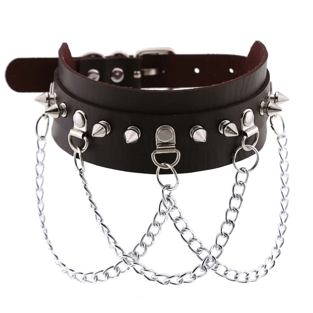 Collar gótico de cuero sintético con cadena, Gargantilla con pinchos, estilo punk: dark coffee