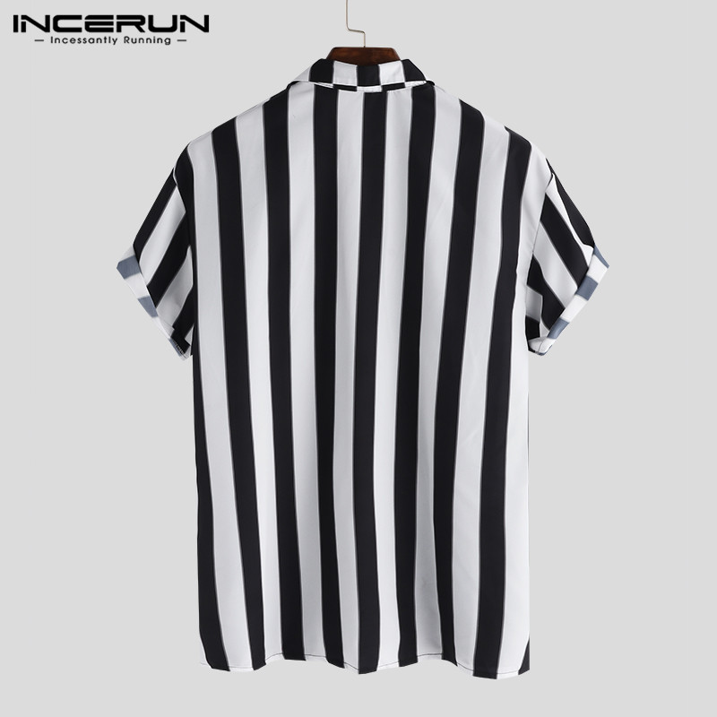 Incerun Casual Mannen Gestreepte Shirt Ademend Losse Revers Hals Korte Mouw Tops Streetwear Shirts Mannen Camisa