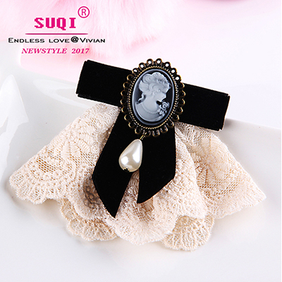 Women Delicate Lace Velet Ribbon Bow Queen Cameo Venetian Pearl Vintage Brooch for Birthday Christmas Lady: black