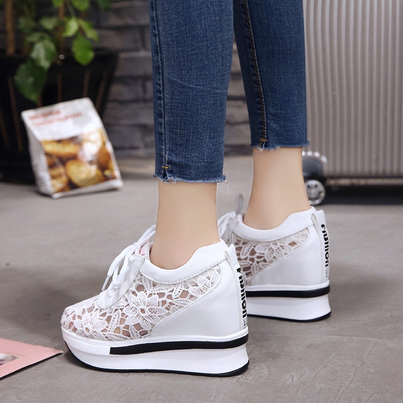 Summer Lace Breathable Sneakers Women Shoes Comfortable Casual Woman Platform Wedge Shoes lace up Muffin bottom shoes