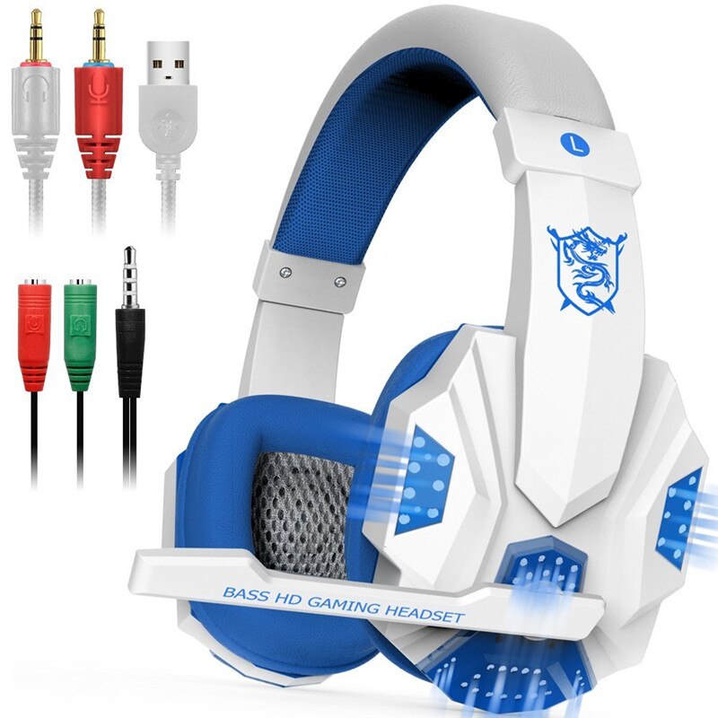 Stereo Gaming Headset voor Xbox een PS4 PC Surround Sound Over-Ear Gaming Hoofdtelefoon met Microfoon Noise Cancelling LED lichten Headset: White Blue