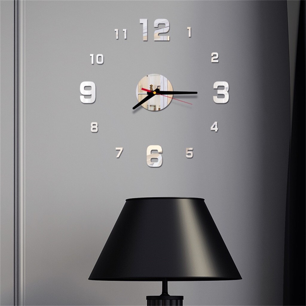3d diy stor väggklocka modern väggklister klocka akryl spegel självhäftande väggklockor vardagsrum heminredning #30: Silver-