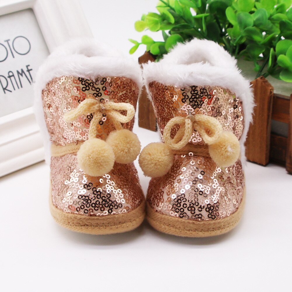 pudcoco Baby Girls Sequin Snow Boots Non-Slip Soft Sole Winter Warm Fur Lined Shoes Ankle Booties with Lace up Pom 0-12 Months