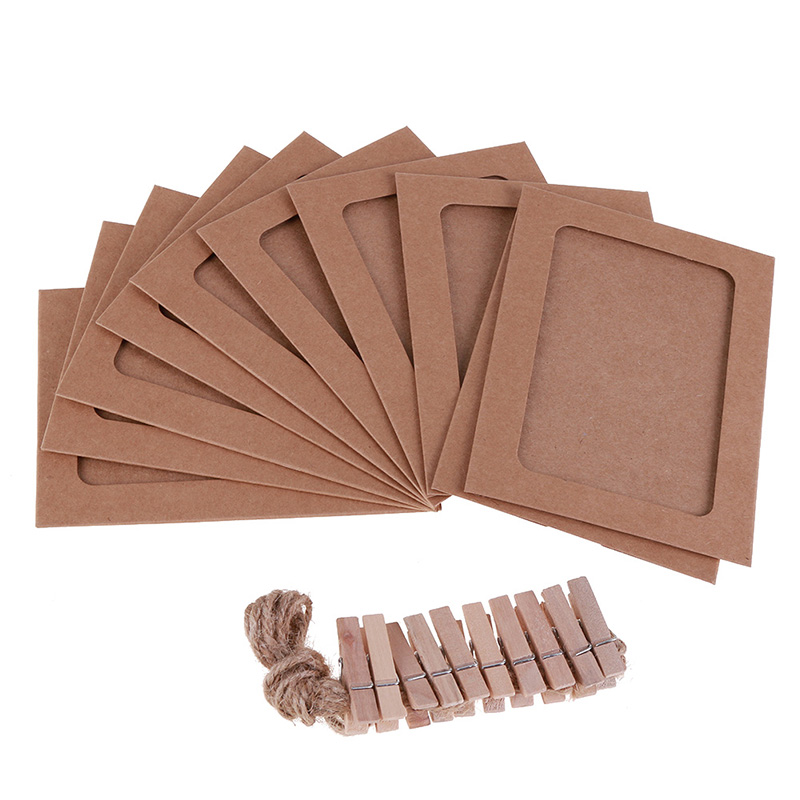 10Pcs DIY Kraft Paper Photo Frame 3-7 inch Hanging Wall Photos Picture Frame Kraft Paper With Clips and Rope For Family Memory: Brown / 7 inch