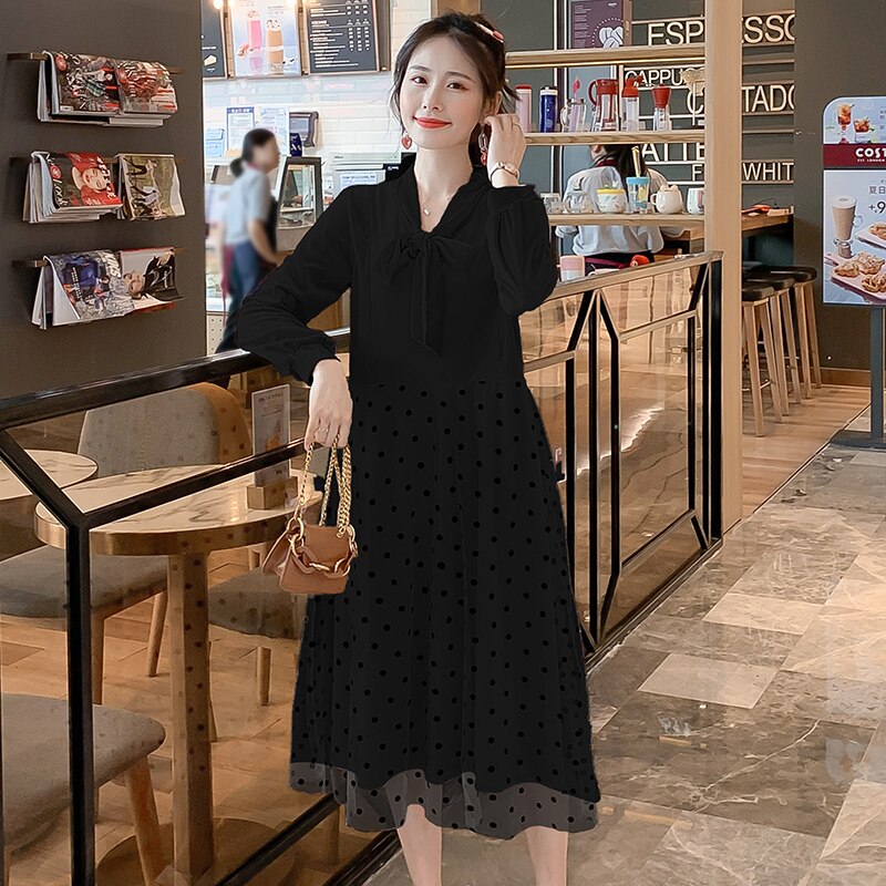 Abito per allattamento premaman invernale 2022 con fodera in velluto vestiti per allattamento a pois colletto con fiocco abito per allattamento al seno donna incinta