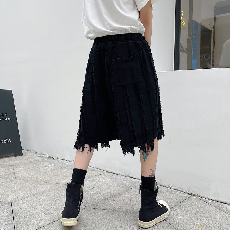 IEFB Summer Patchwork Moustache Effect Ribbon Denim Knee Length Pants Drawstring Elastic Waist Men's Jeans Shorts