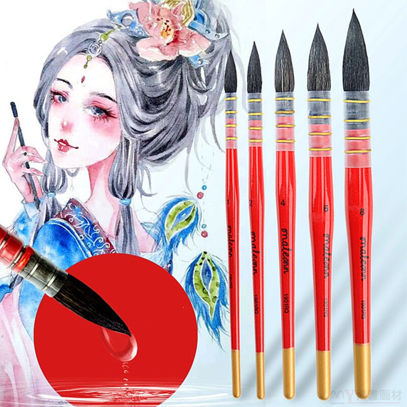 Pincel de pelo de ardilla hecho a mano para artista, pincel de acuarela pintado a mano, pinceles puntiagudos para acuarela Gouache Wash Mop Pen 1901