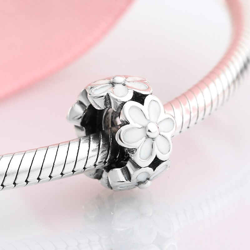 Cuentas de esmalte blanco para mujer, de flor de Primavera de Plata de Ley 925, para fabricación de joyas, compatible con pulsera JIUHAO Original