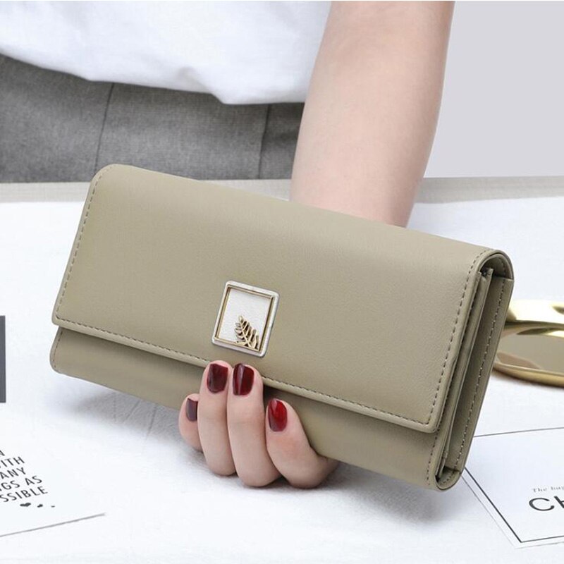 Mærke kvinder tegnebøger pu læder taske lang telefon tegnebog blade pose håndtaske til kvinder mønt pung kortholder kobling: Grøn