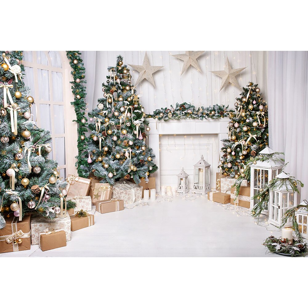 Noël photographie toile de fond arbre de noël blanc cheminée fond hiver salon lumière cloches étoile Photo Shoot: 90x60cm  ThinVinyl