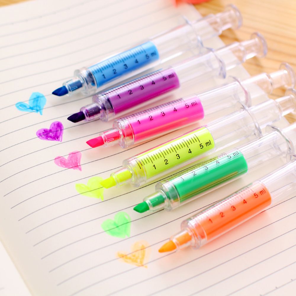 6 stk/parti farve sød nyhed sygeplejerske nål sprøjteformet highlighter markør pen skoleartikler papirvarer: 2