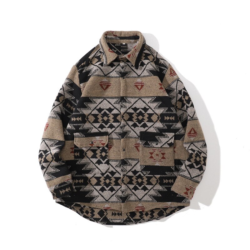 Men Hip Hop Shirt Streetwear Vintage Graphic Print Long Sleeve Tops Autumn Harajuku Cotton Blouses flannel Thick Shirts: Apricot / XL