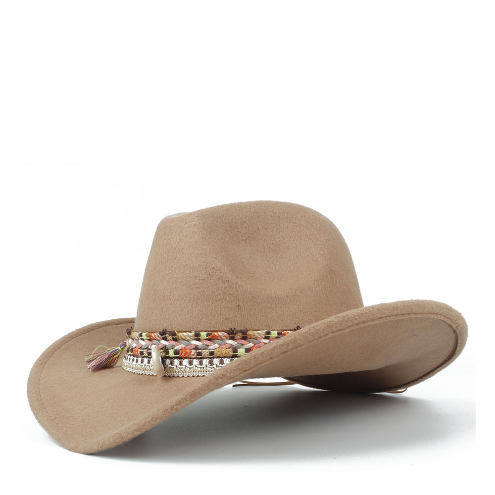 Kvinder uld hule vestlige cowboy hat dame jazz outback jazz toca sombrero cap størrelse 56-58cm: Khaki