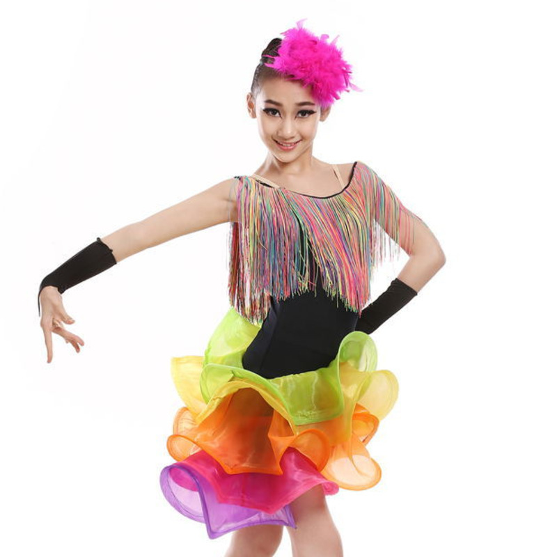 Vestido de baile latino con flecos para niñas, traje de baile latino con flecos de salsa, spandex, rumba, tango, salón de baile,