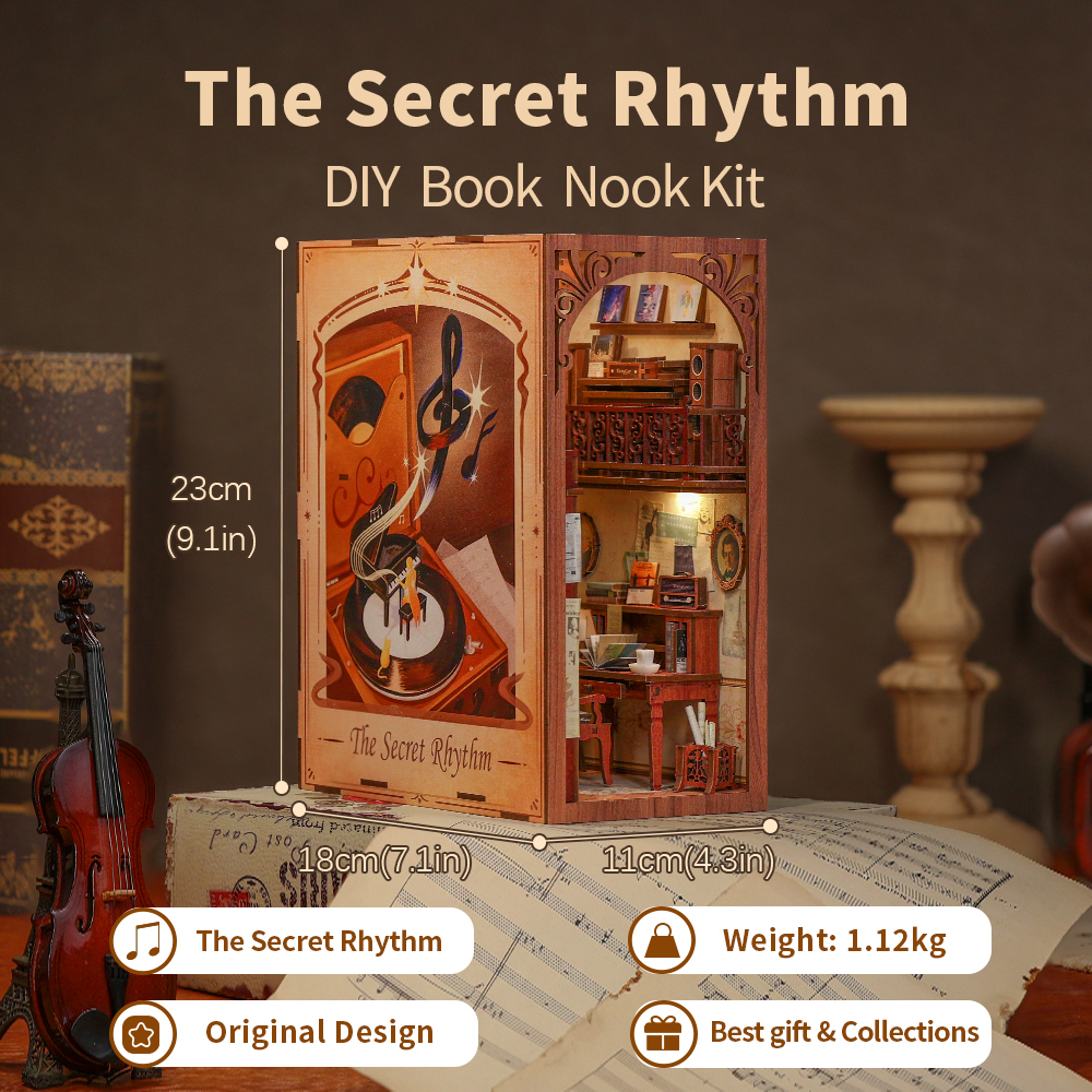 CUTEBEE Puzzle 3D DIY Book Nook Kit Wooden Bookend with Touch Light Secret Rhythm Music Booknook Building Decoration Model