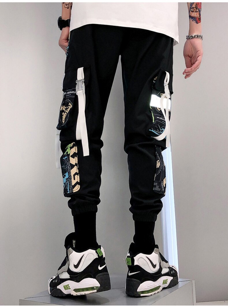 Swag – pantalon Cargo réfléchissant pour homme, Streetwear, Hip Hop, ample, jogging, ruban Graffiti, lin, Techwear,
