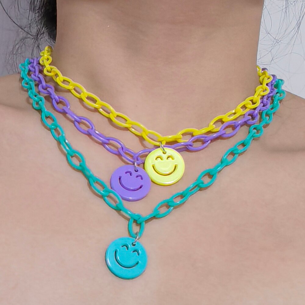 ZX collana con ciondolo a forma di faccia rotonda Color caramella per donna collana con catena in resina geometrica dichiarazione gioielli all&#39;ingrosso INS