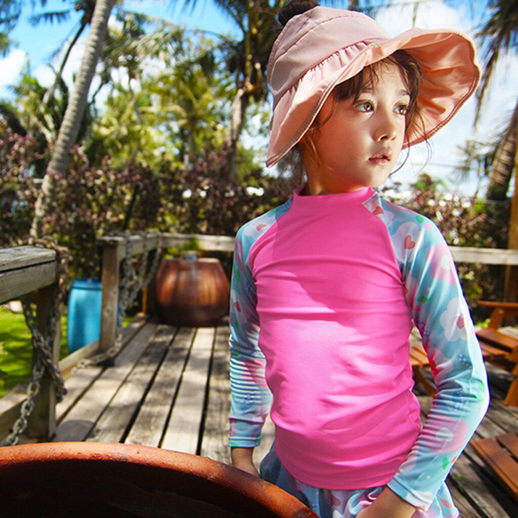 2pc Swimsuit Set for Girls Set Kids Long Sleeve Ruffle Floral Print Patchwork Bikini Beachwear Cute Bathing Children's Swimsuit