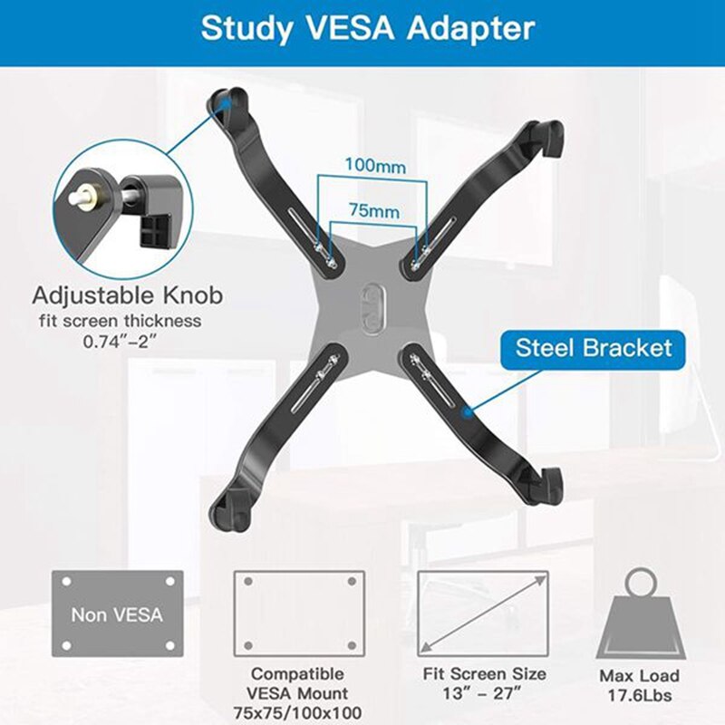Dual Arm Monitor Stand VESA Mount Bracket Adapter Monitor Arm Mounting Kit for Screen 13 to 27 Inch, 75mm and 100mm