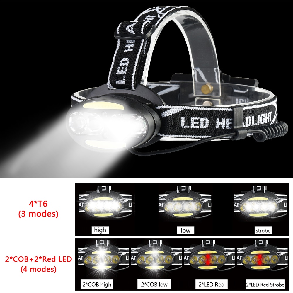 Koplamp 5000 Lumen koplamp 4 * XM-T6 + 2 * COB + 2 * Rode LED Head Lamp Zaklamp fakkel Lanterna met batterijen oplader