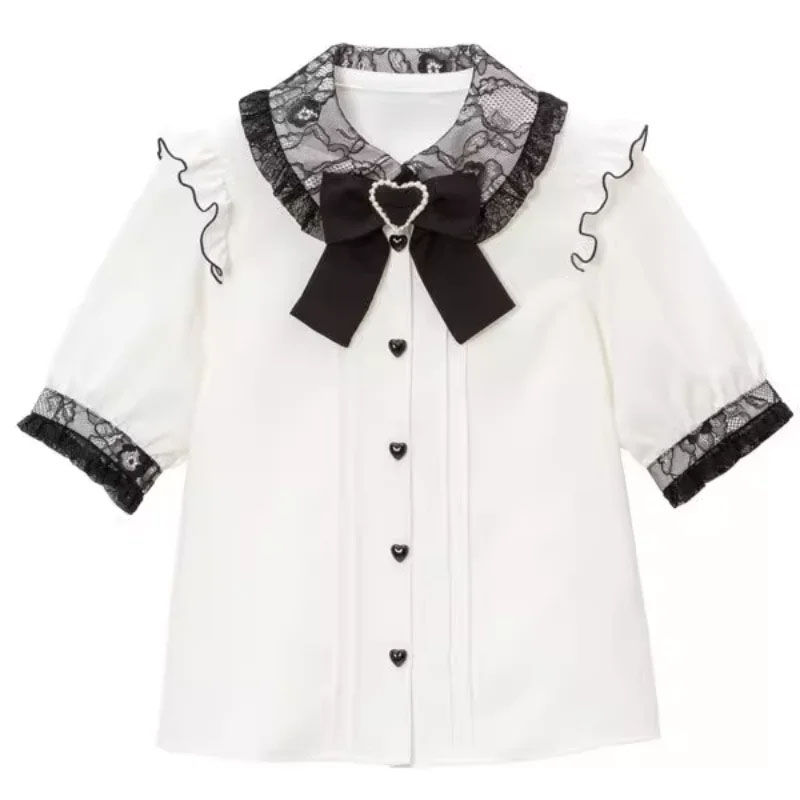 Blusas góticas de Lolita para Mujer, agradable arco con hombros descubiertos, camisa JK para chicas japonesas, Blusas elegantes con volantes de encaje y corazón de amor para Mujer: XL / Caqui