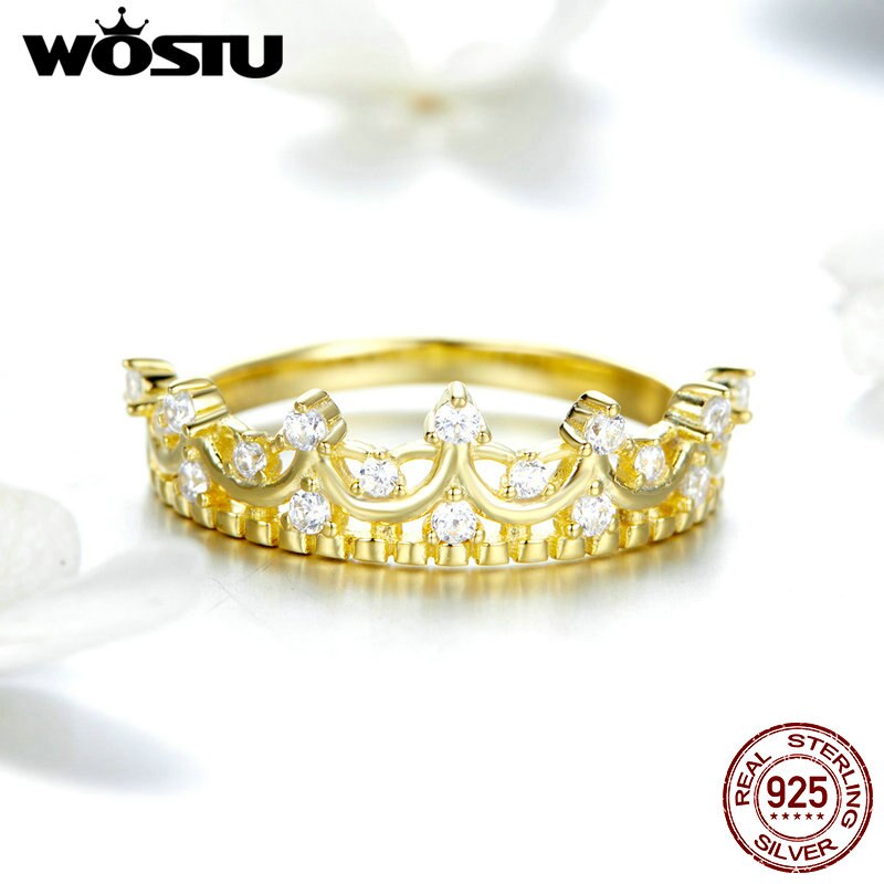 Wostu Real 925 Sterling Zilver Goud Kleur Koningin Kroon Ring Zirkoon Vinger Voor Vrouwen Wedding Engagement Ringen 925 Sieraden CQR493