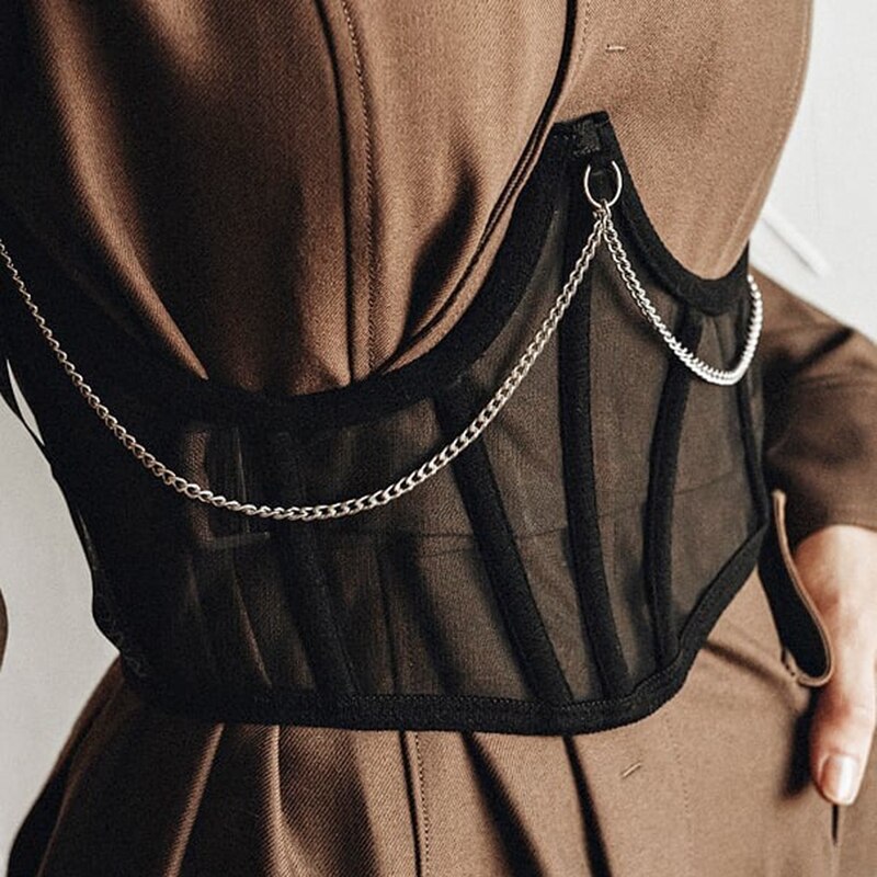 Frauen Korsett Gürtel Punk Metall Kette Mall Goth Kummerbund Hohe Taille Harajuku Vintage Mesh Sehen Durch Taille Shaper Korsetts