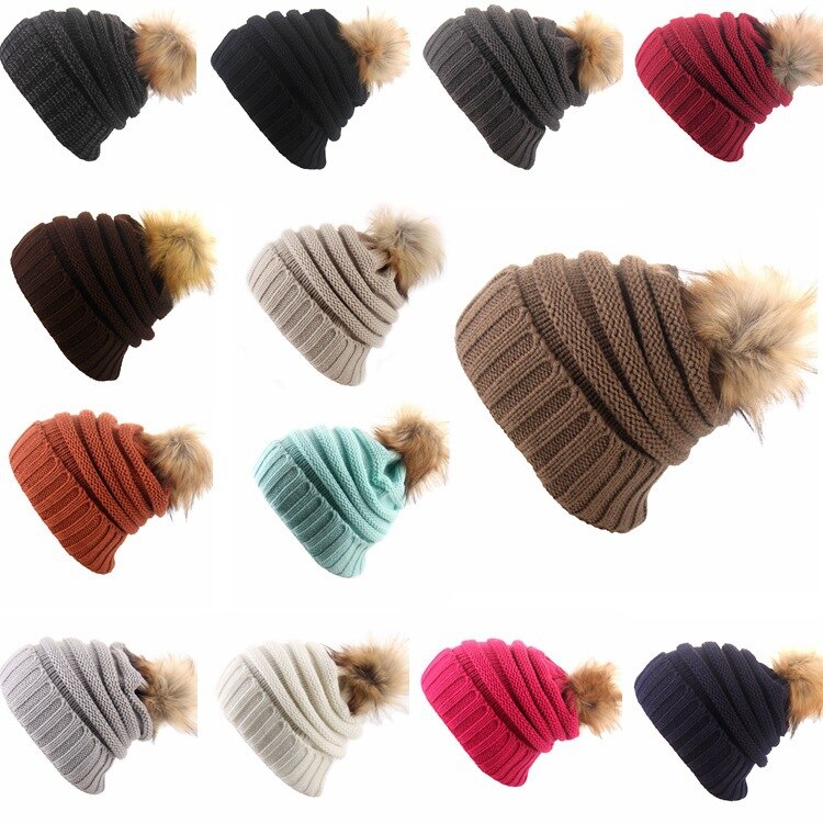 Winter Hat Casual Beanies Women Warm Knitted Winter Hat Solid Beanie Hat Wool Fur Bobble Ball Pompom Outdoor Equipment