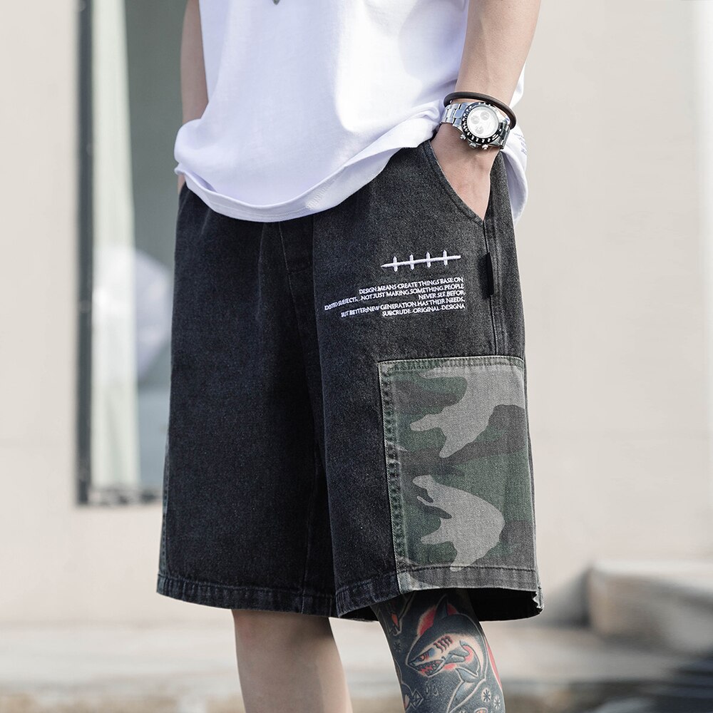 Denim Summer Shorts Men Hip Hop Camo Color Block Patchwork Jeans Harajuku Streetwear Casual Harem Knee Length