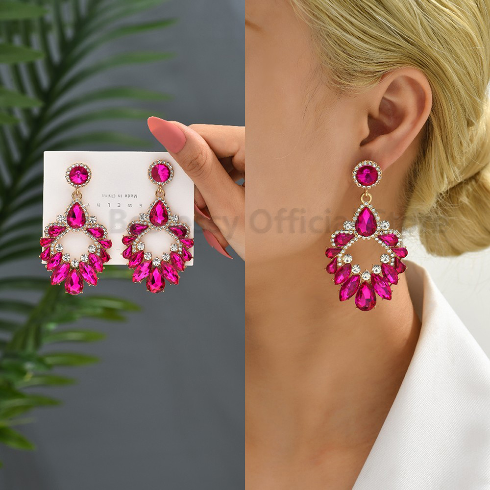 Pendientes colgantes de gota llamativos de diamantes de imitación de color rosa intenso para mujer, colgantes grandes geométricos de de lujo, de joyería para y boda