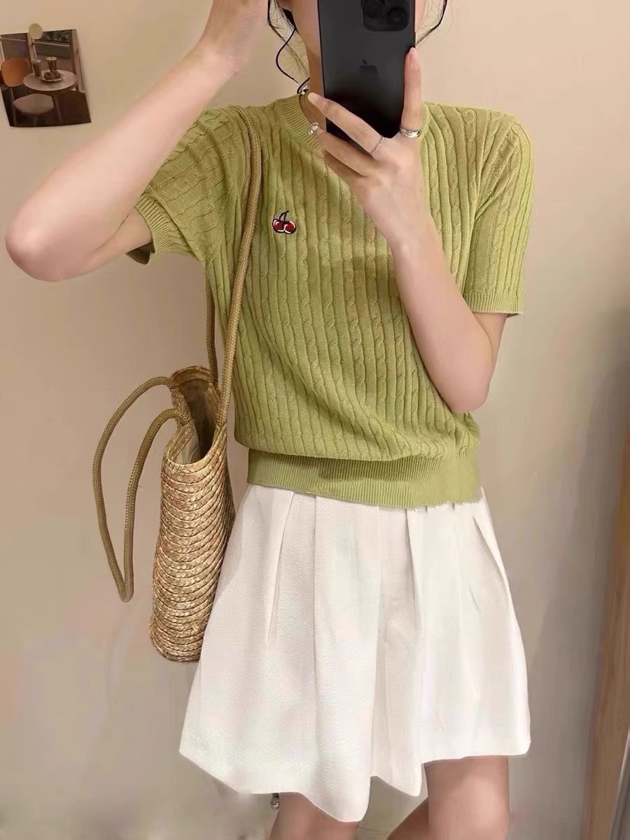 Camisola de caxemira bordada cereja feminina, manga curta, gola redonda, meia manga fina, camiseta de verão, estação europeia