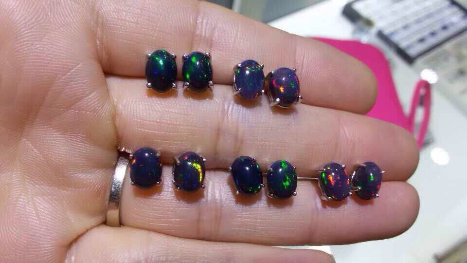 Special offer natural black opal earrings, simple style, 925 sterling silver,