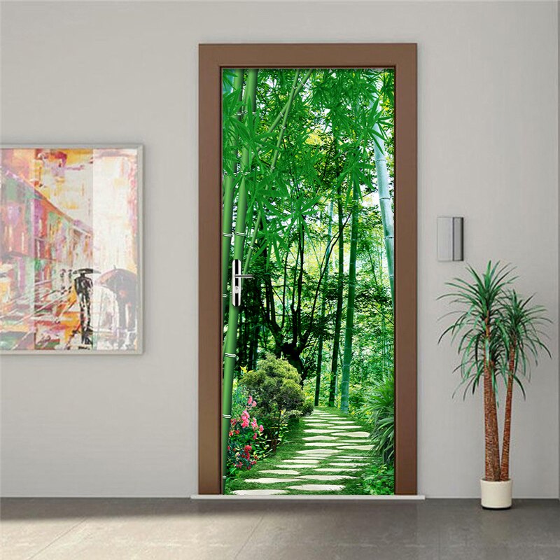 Door Stickers Nature for Living Room Bedroom Door Wallpaper Self-Adhesive Wall Decals 3D Bamboo Forest Photo Wallpaper Sticker