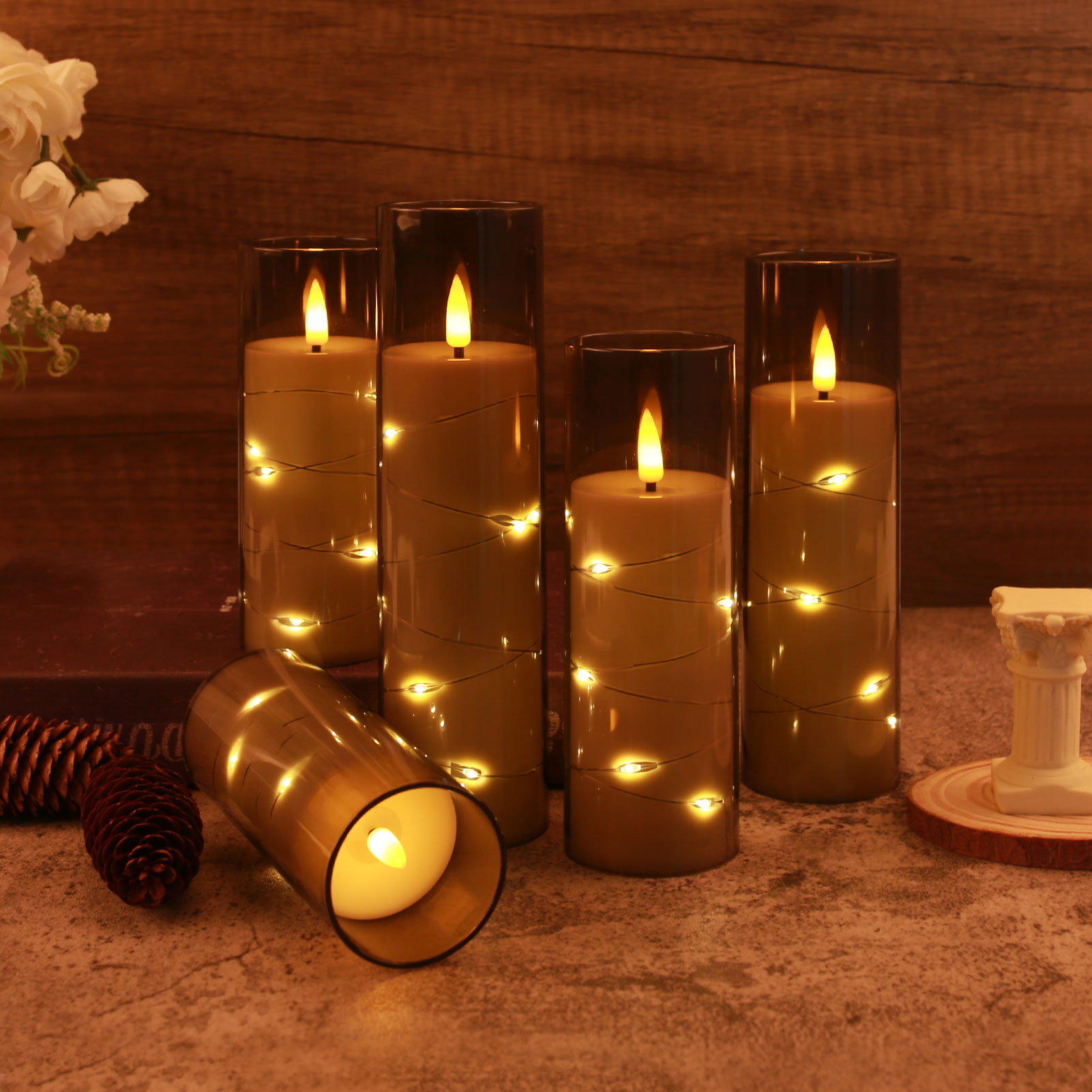 Ensemble de 5 bougies LED sans flamme avec guirlande lumineuse étoile intégrée, bougies pilier à piles avec minuterie à distance pour la décoration de la maison