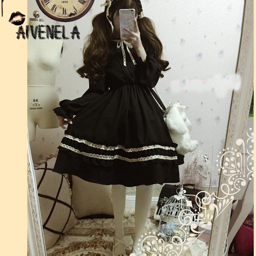Lolita-vestido gótico Estilo Vintage para mujer, vestido de Retro con volantes, estilo victoriano, AFC849: Black Long Sleeve / L