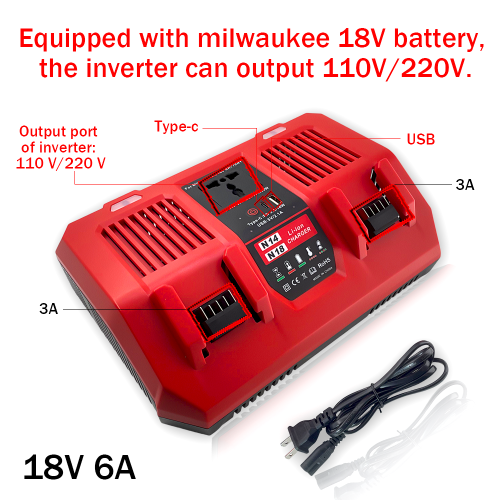 Suitable for Milwaukee M12 N12 lithium ion battery charger N124-4 charging 12A144W fast charging with USB and Typec output ports