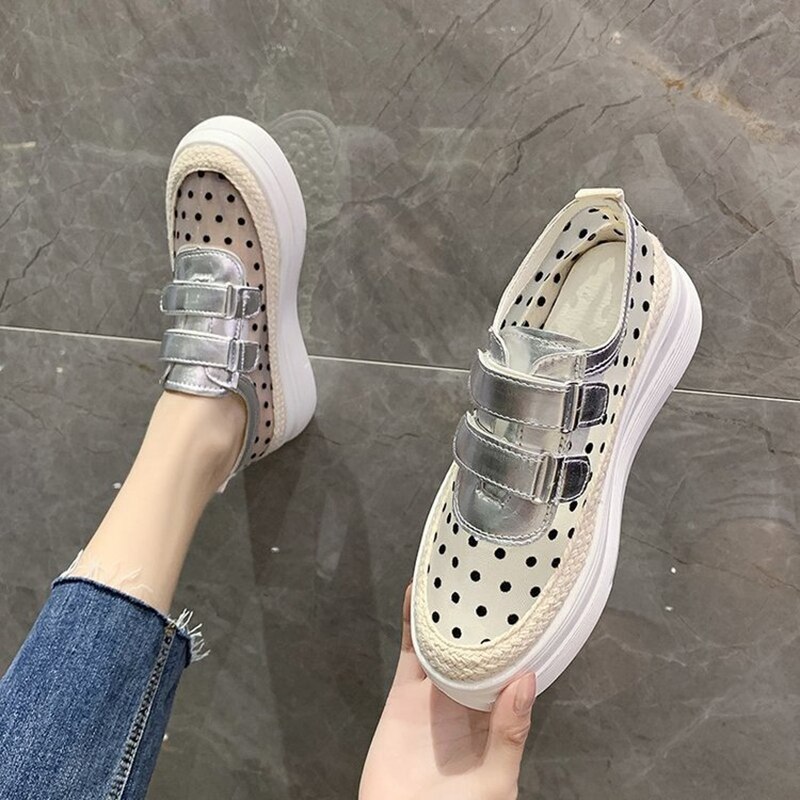 Mocasines plateados de lunares transpirables para mujer, calzado elevado de cáñamo con malla de aire y cierre de velcro,