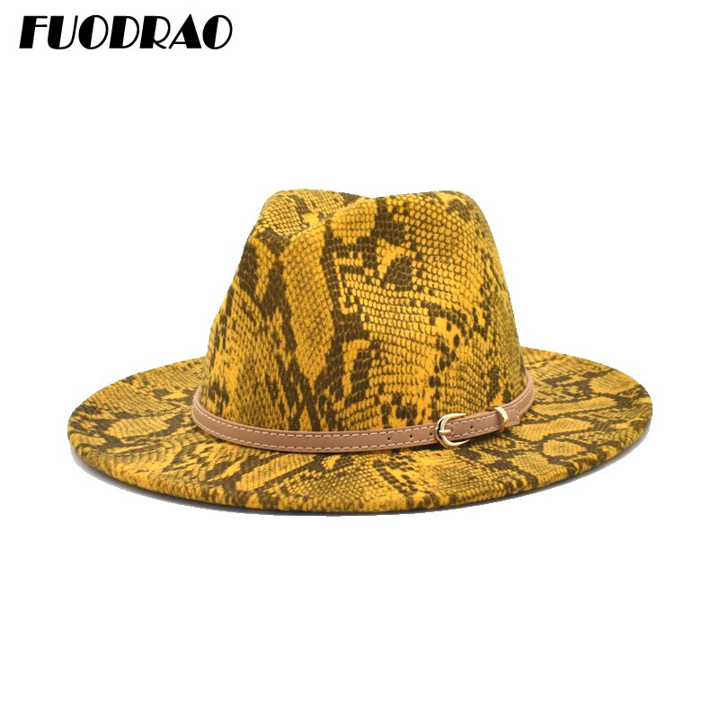Fuodrao Snake Print Fedora Hoeden Voor Vrouwen Wide Brim Vilt Herfst Winter Britse Vintage Trilby Mannen Jazz Hoed F133