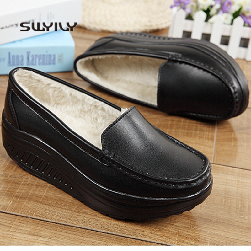 SWYIVY Women Winter Warm Shoes Plus Velvet Lady Toning Swing Shoes Wedge Leather Height Increasing Female Slimming Shoe