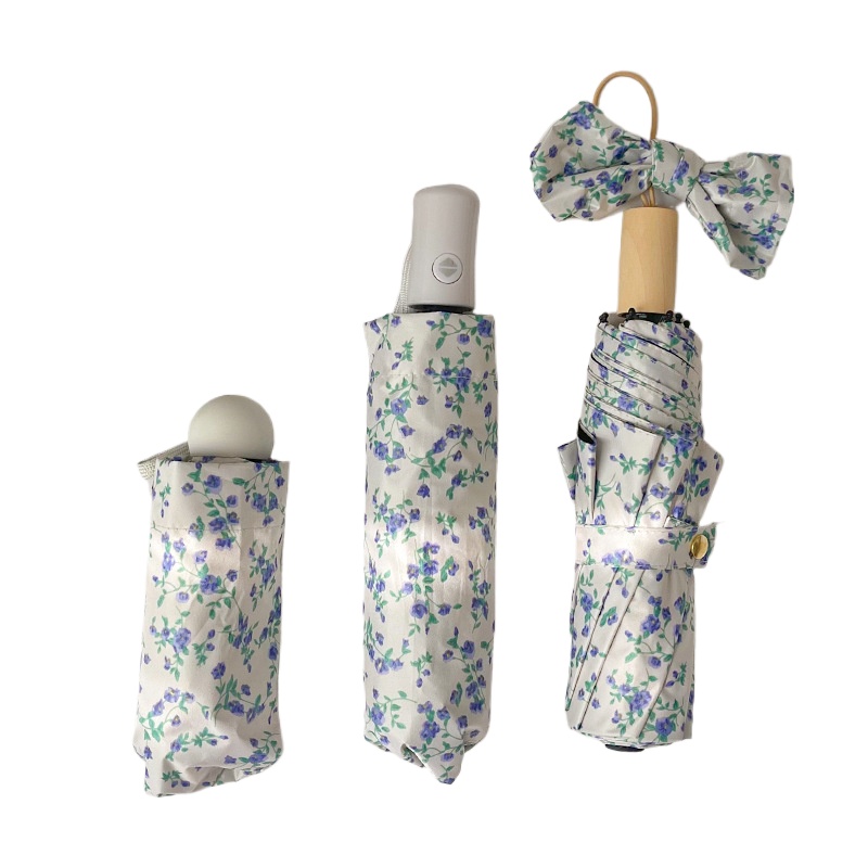 1-delige kleine blauwe bloemenparaplu, zachte stijl, zonbescherming, drievoudige automatische paraplu voor alle weersomstandigheden
