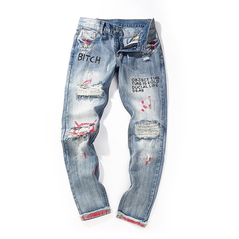 3XL Plus Size Heren Broek Brief Afdrukken Gat Slanke Jeans Broek Streetwear Hip Hop Ripped Jeans Voor Mannen Verontruste Denim broek