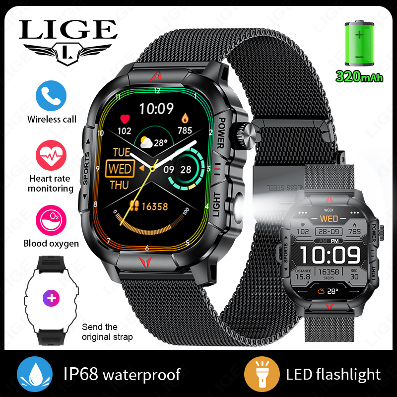 LIGE inteligentny zegarek latarka doprowadziło męskie zegarki wodoodporne 2.01-calowy ekran HD bransoletka zdrowotna wojskowy Smartwatch sportowy na świeżym powietrzu mężczyzna: Czerwony
