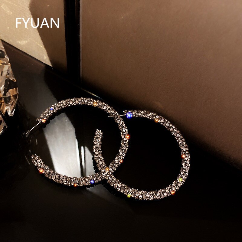 Fyuan Mode Grote Ronde Crystal Hoop Oorbellen Voor Vrouwen Bijoux Zilveren Kleur Strass Oorbellen Verklaring Sieraden Party