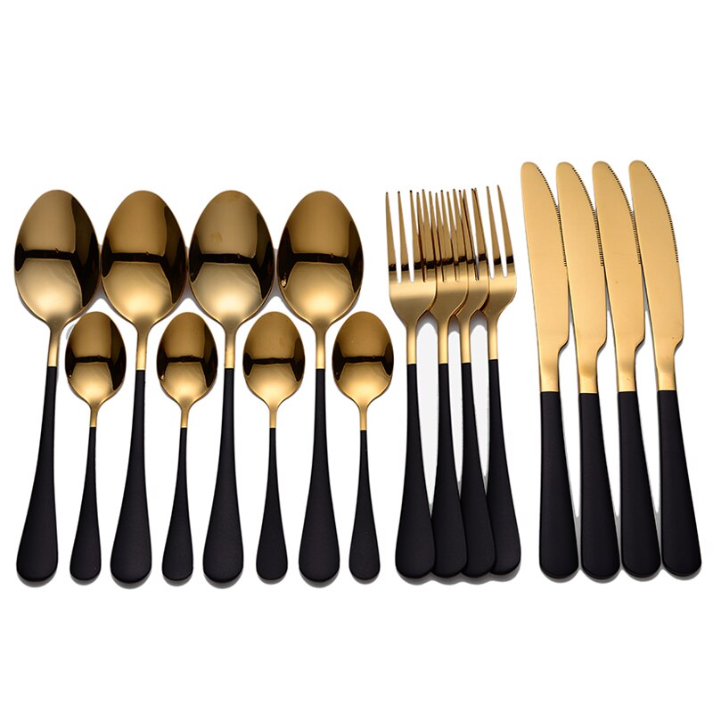 Tablewellware Golden Bestek Vork Lepel Mes Set Gouden Servies Rvs Bestek Golden Vork Lepel Servies Set: black gold 4 sets