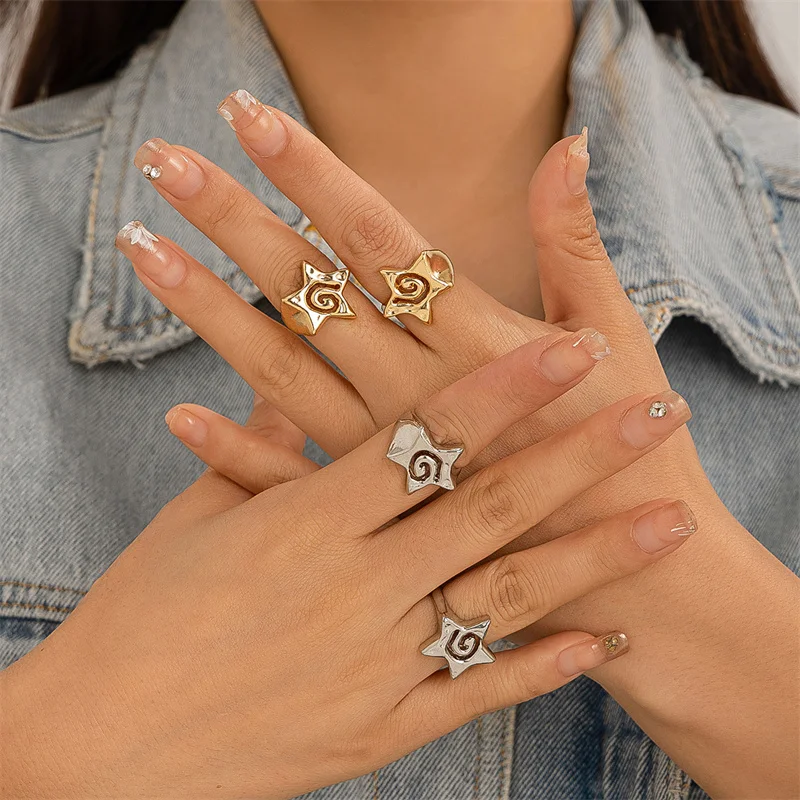 2 unids/set de anillos huecos para mujeres y hombres, Punk, estrella de cinco puntas, geométrico, Color dorado y plateado, conjuntos de anillos de joyería para nudillos: Gris