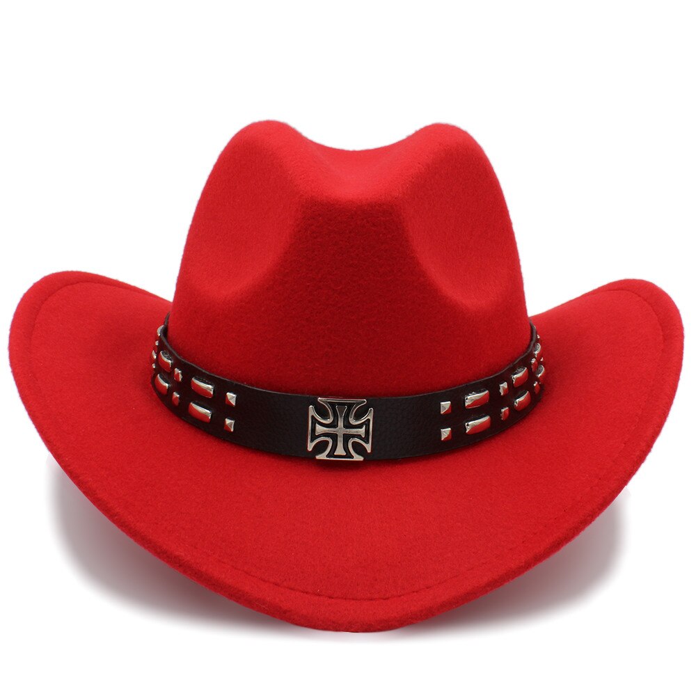 Kvinder uld western cowboy hat med roll-up brim kirke dame jazz hestesport sombrero hombre steampunk cap størrelse 56-58cm: Rød
